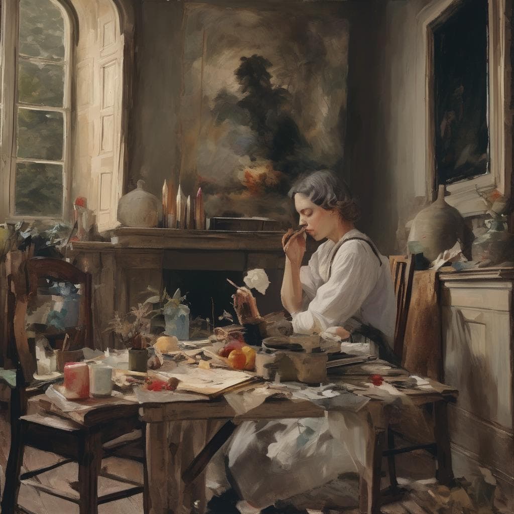 Ζωγραφική με λάδι, τεχνική και ιστορία σε εσωτερικό χώρο με καλλιτέχνιδα στο εργαστήρι.