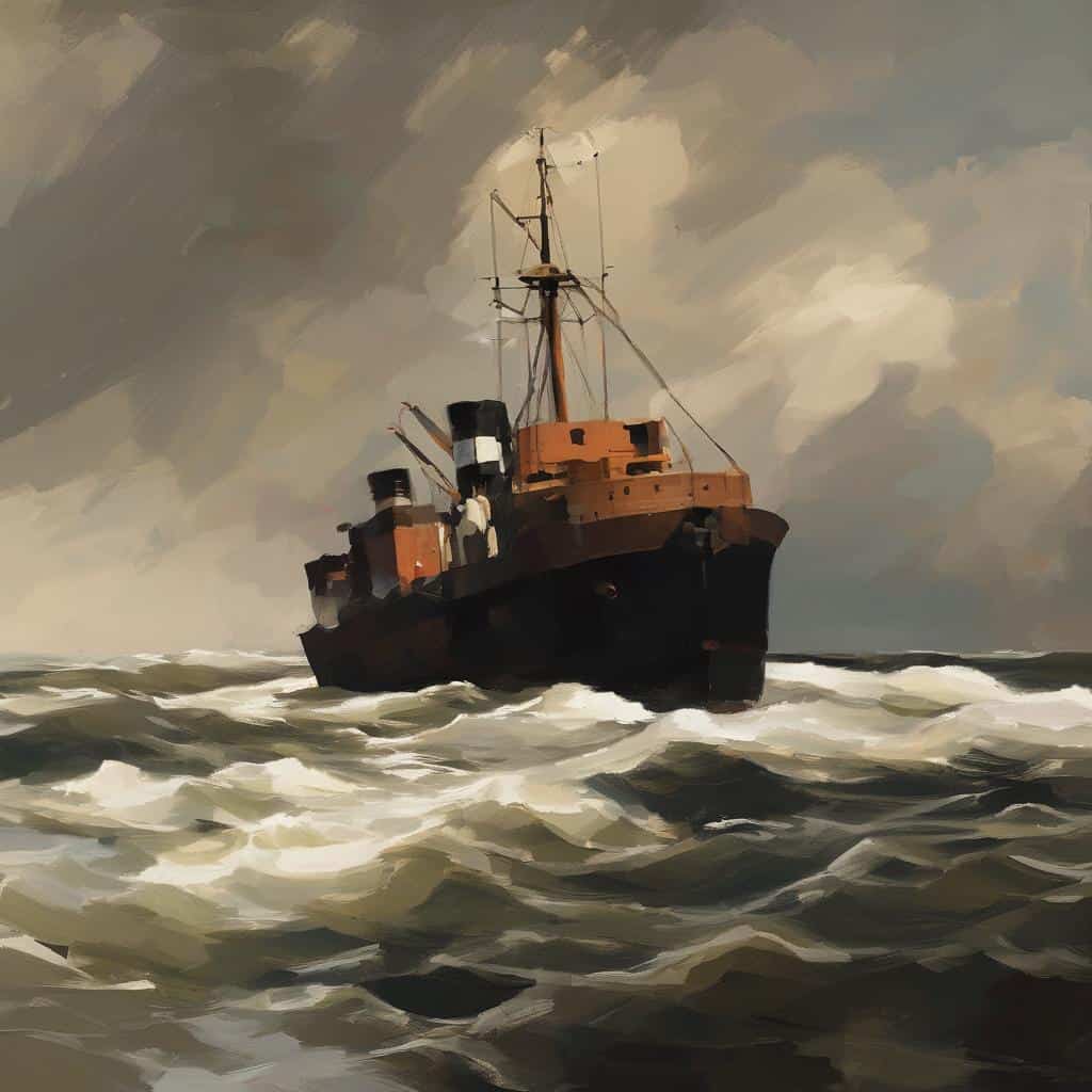 Παλιό πλοίο στον ωκεανό σε ζωγραφική λάδι, τεχνική και ιστορία ζωγραφικής.