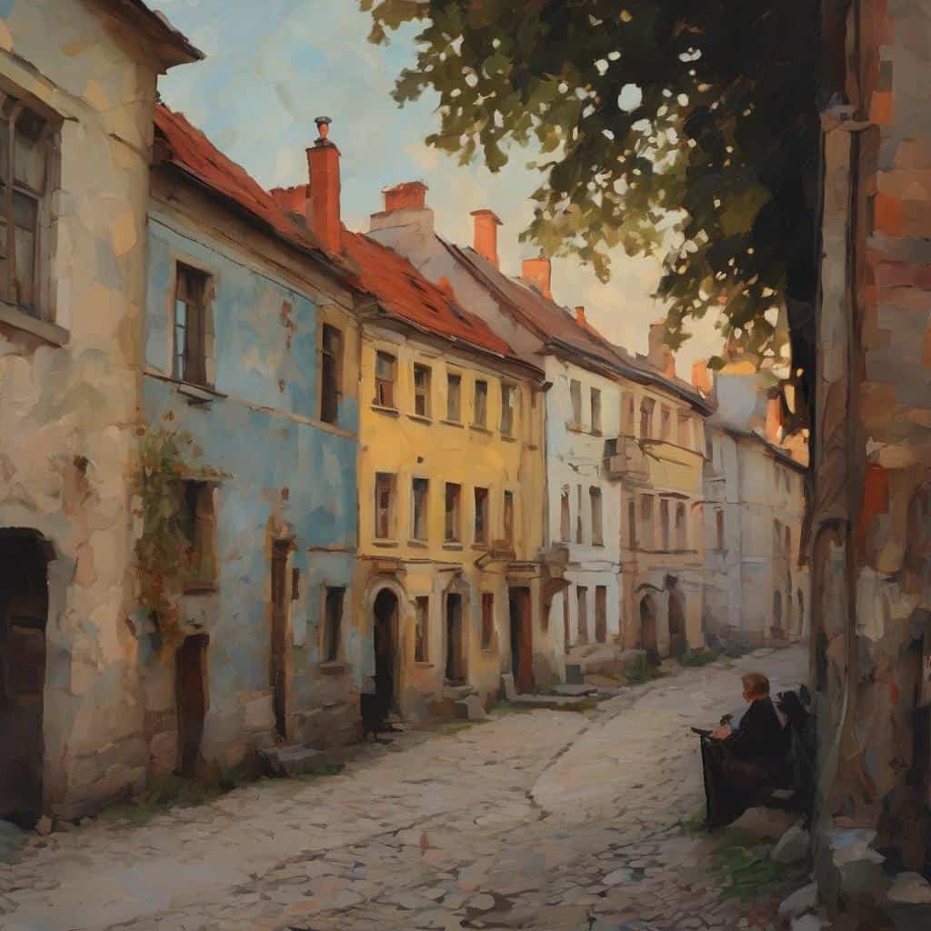 Ζωγραφική με Λάδι, τεχνική και ιστορία σε πίνακα οδού με παραδοσιακά σπίτια.